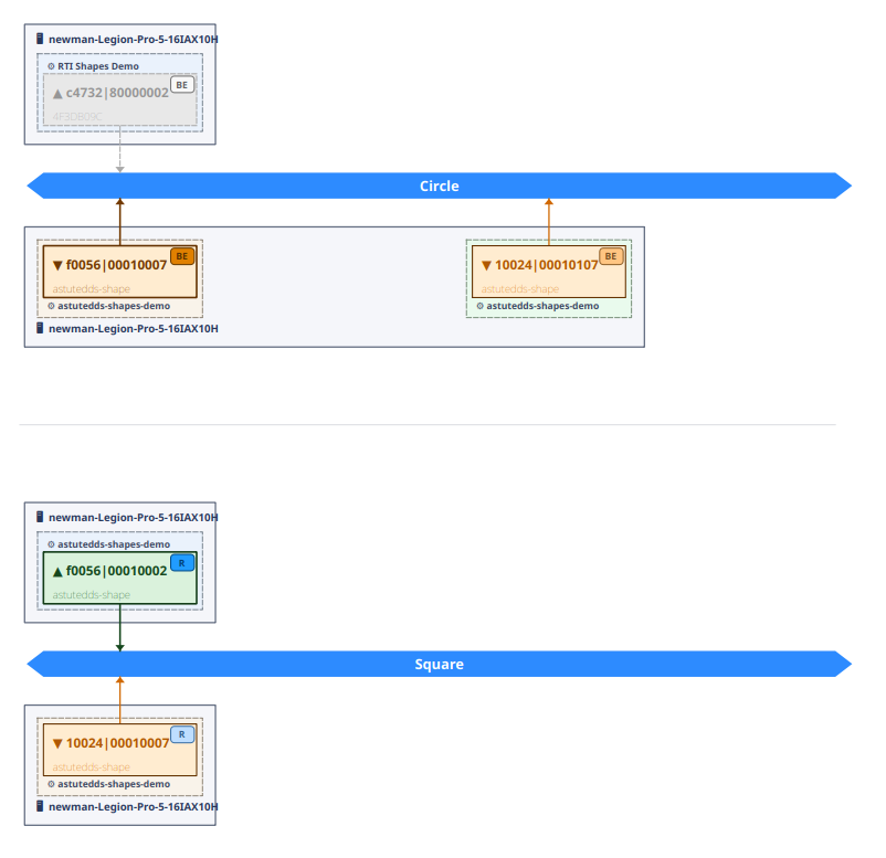 Per-process topic bus view showing Circle and Square topic buses stacked vertically