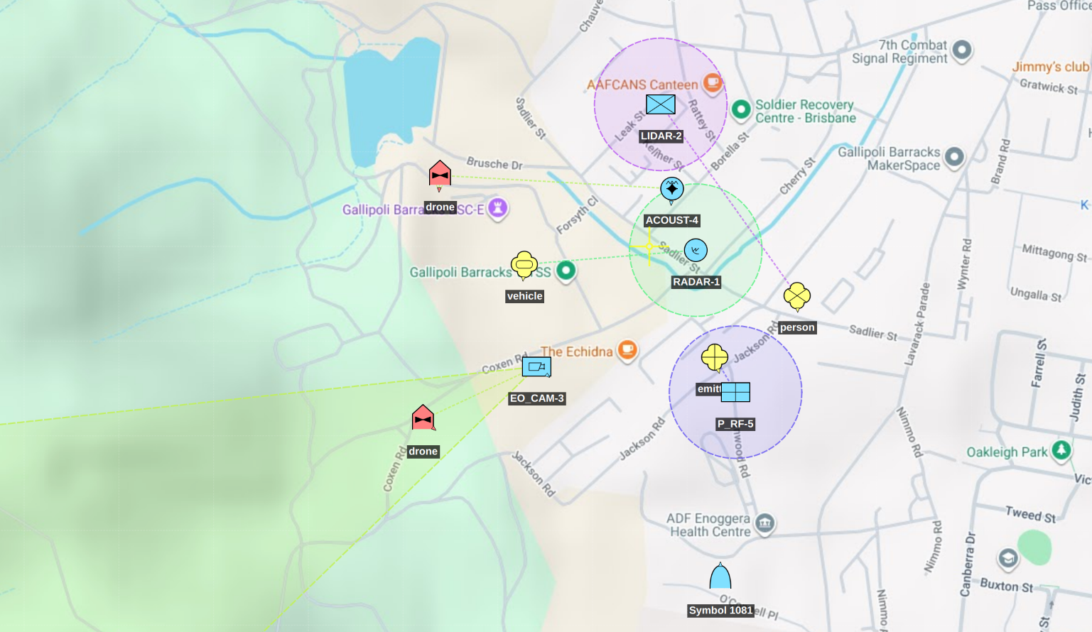 Image of SAPIENT tracks as displayed in TALOS with detection ranges enabled